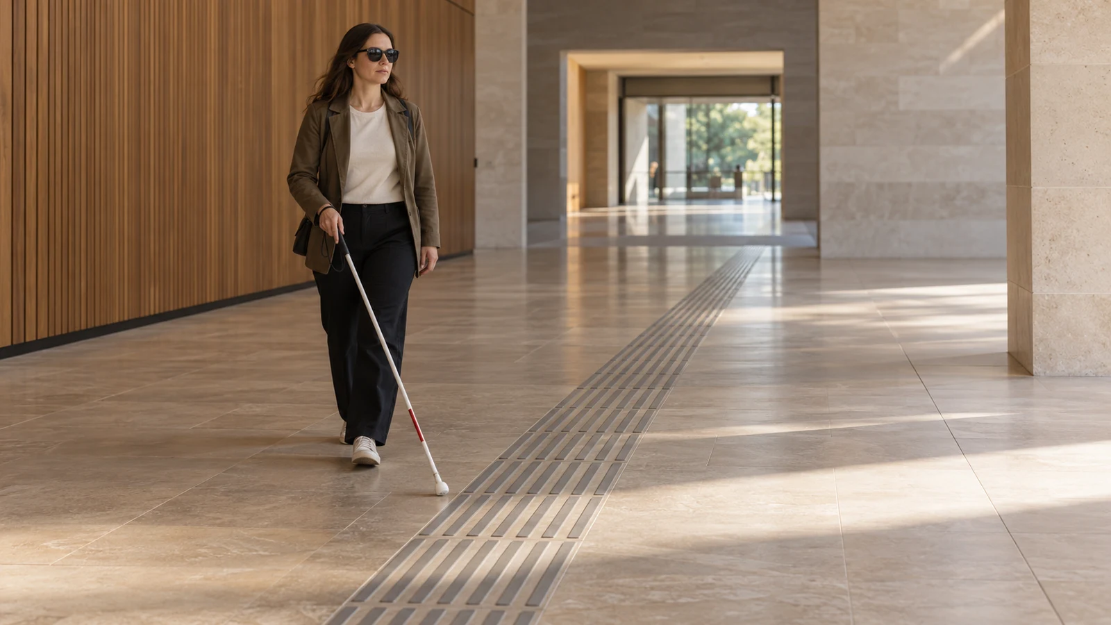 Woman using a long cane along a route with tactile signage in a building