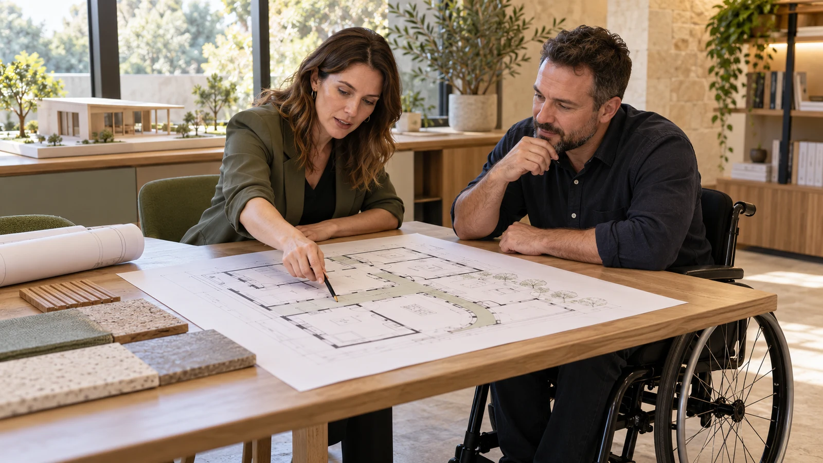 Professional and wheelchair user analyzing an architectural plan on the table