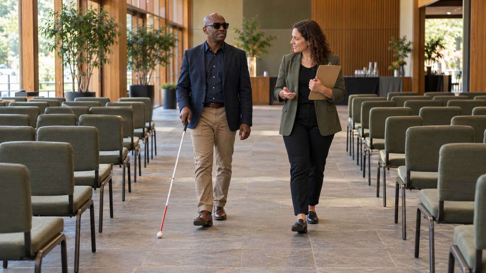 Organizer and participant with a long cane walking along a free corridor between chairs before the opening of the event