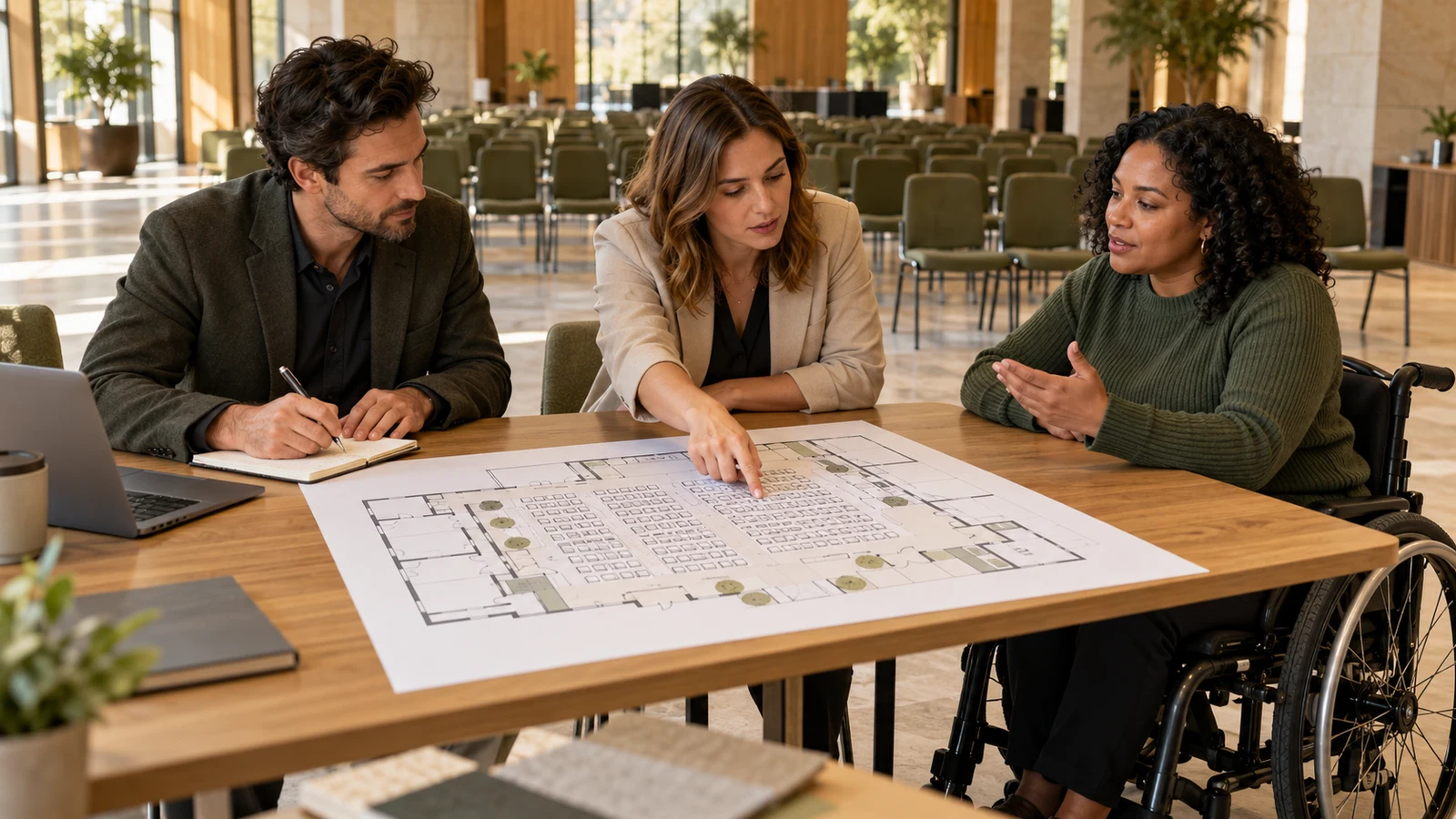 Production team, architect and wheelchair user analyzing the layout of an event on the table