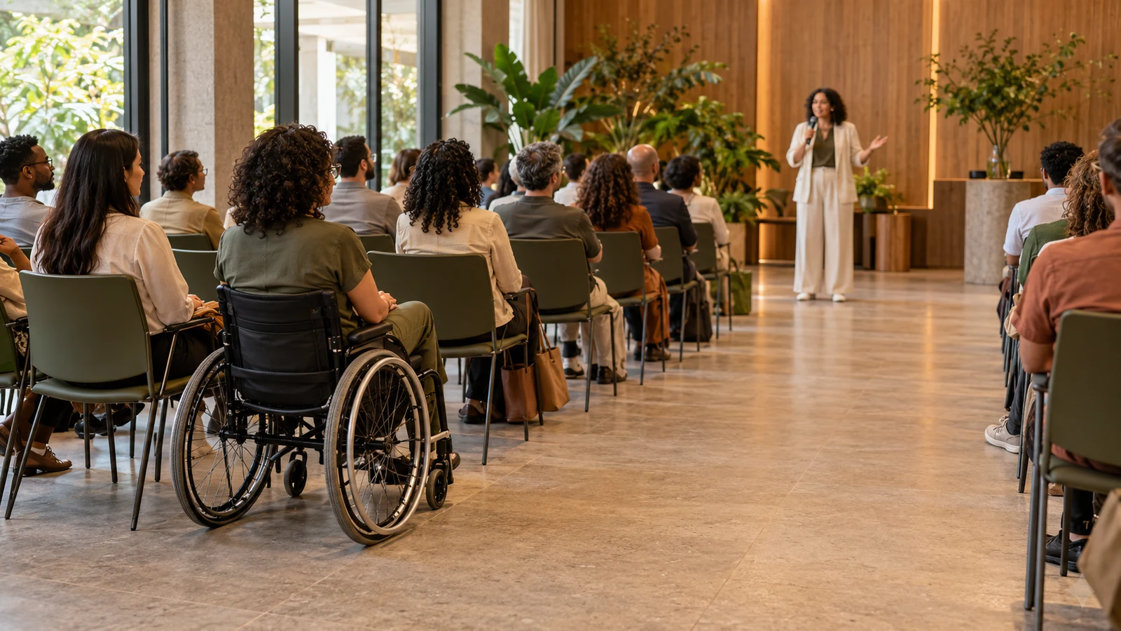 Participant in a wheelchair integrated into the audience at an event, alongside other people and a free corridor