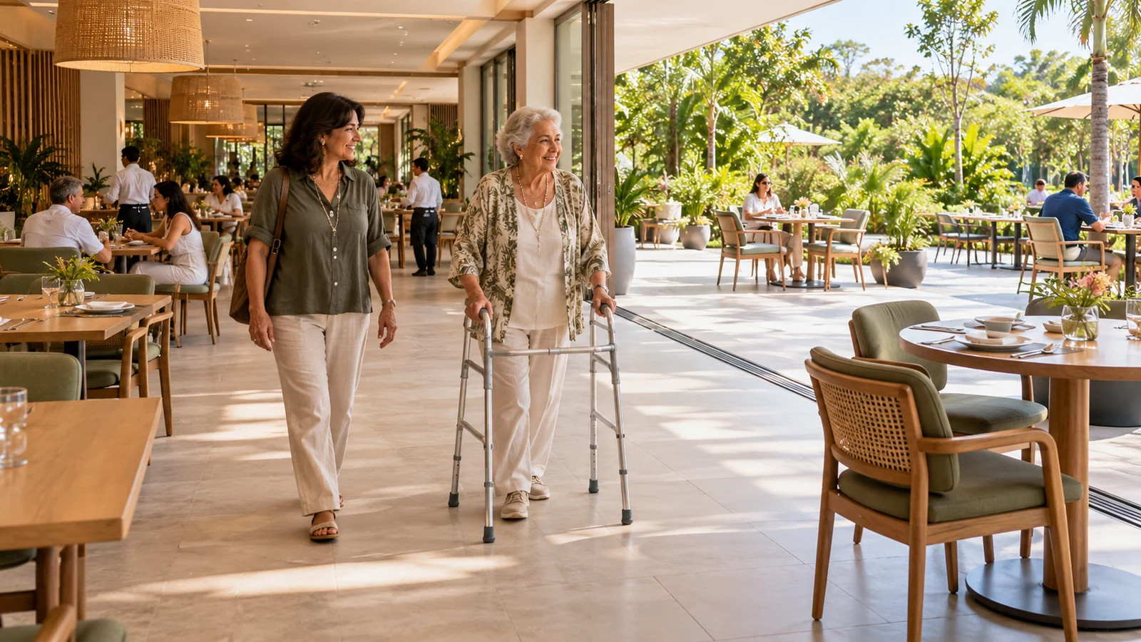 Guest with a walker moves between the tables of a hotel restaurant connected to the terrace.