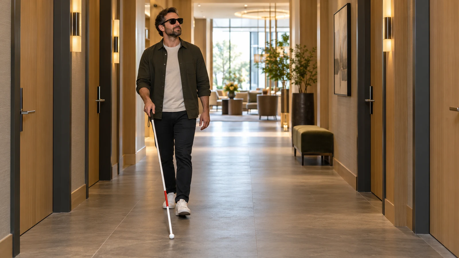 Guest uses long cane in a hotel corridor with free circulation to the lobby.