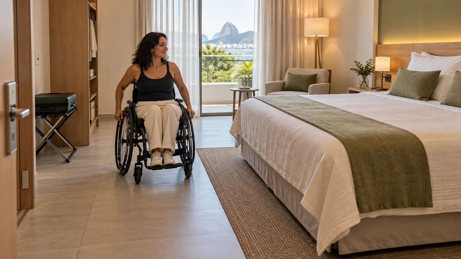 A guest using a wheelchair moves alongside the bed in a hotel guest room.