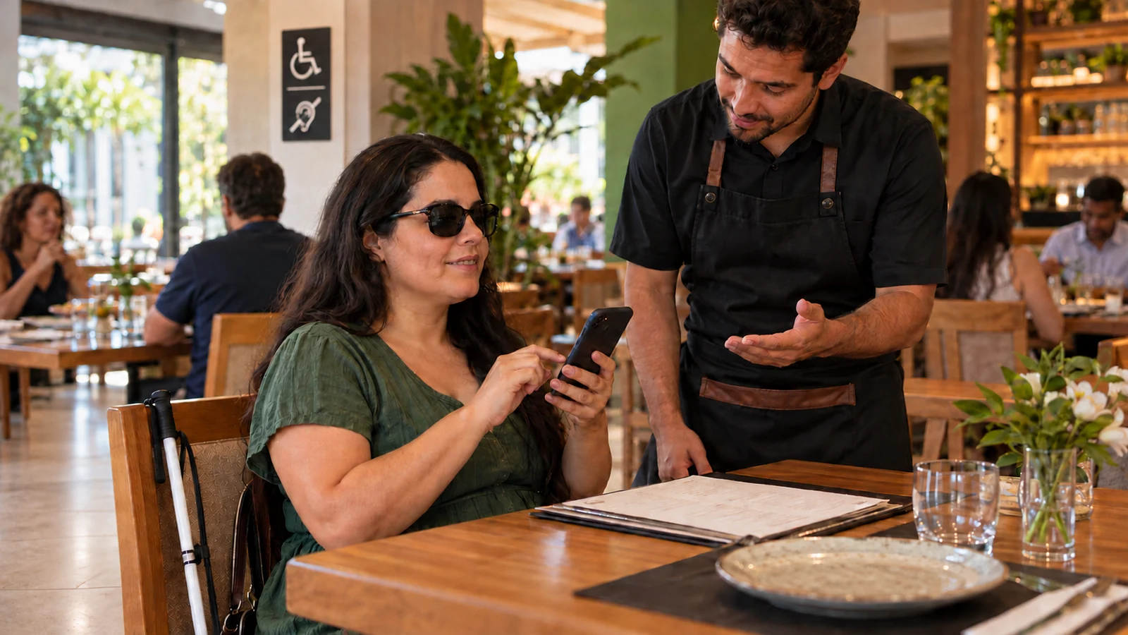 Customer checks her smartphone at the table while a server explains the menu options.