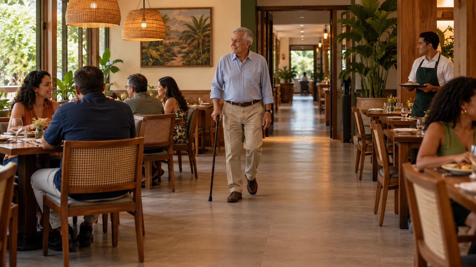 Customer with a cane walks along a free passage between occupied tables in a restaurant.