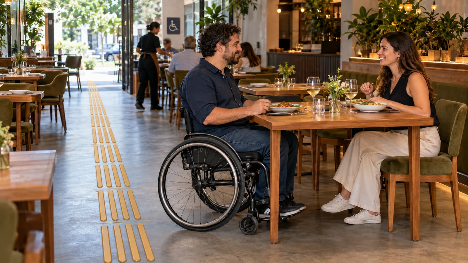 Customer in a wheelchair uses a table in a restaurant with a clear circulation route alongside.