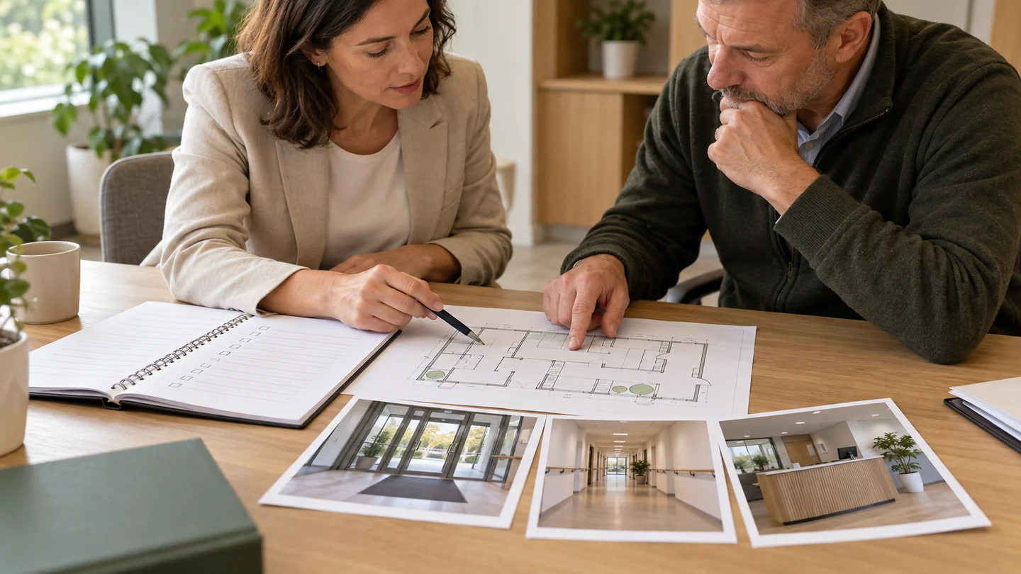 Profissional e gestor revisando checklist, planta e fotografias de uma edificação em uma mesa