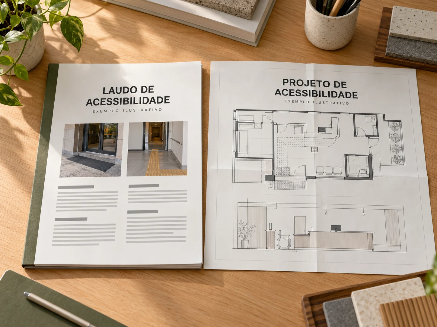 Laudo de acessibilidade com registros fotográficos ao lado de um projeto arquitetônico, ambos ilustrativos