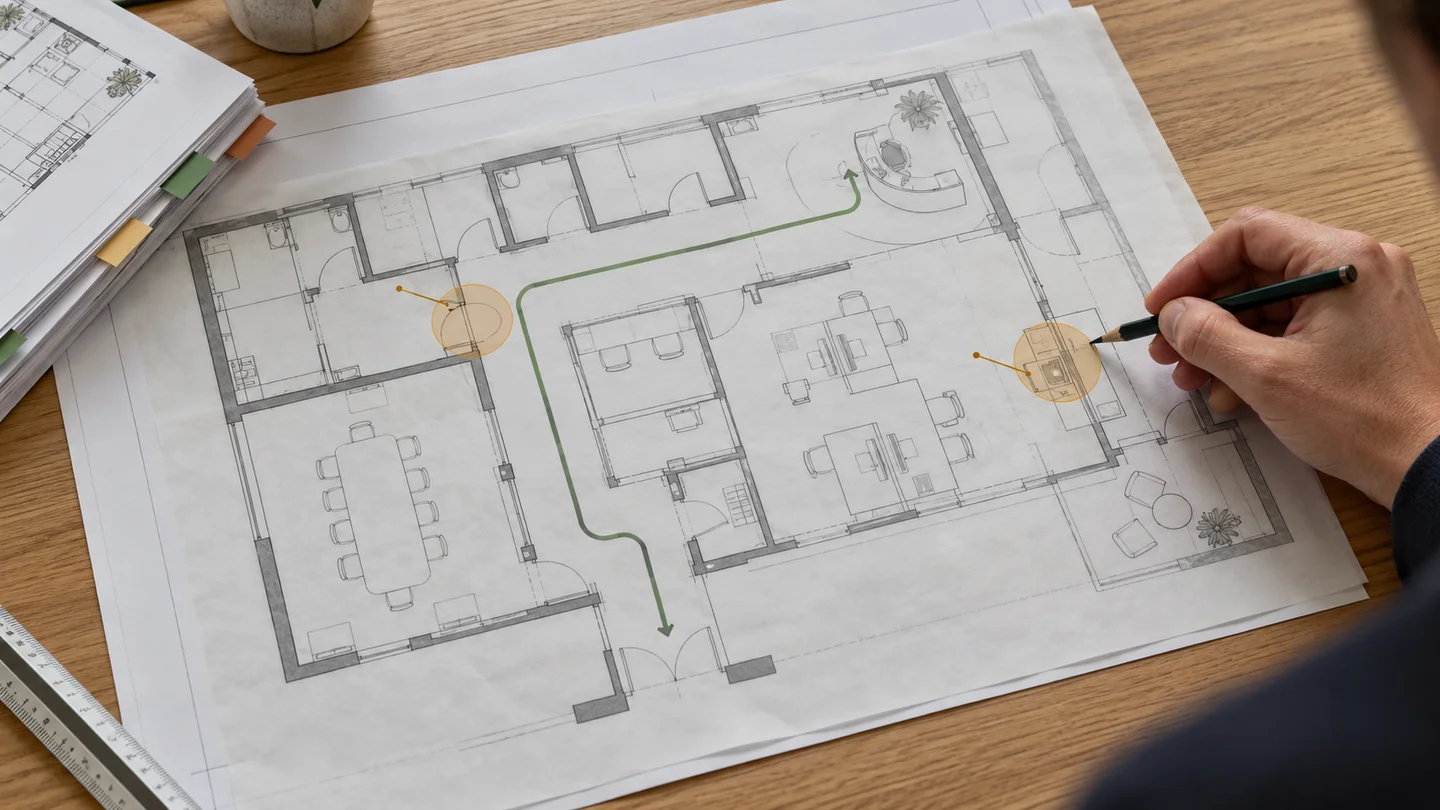 Illustrative plan with highlighted route, points of attention and review sheets organized on the side