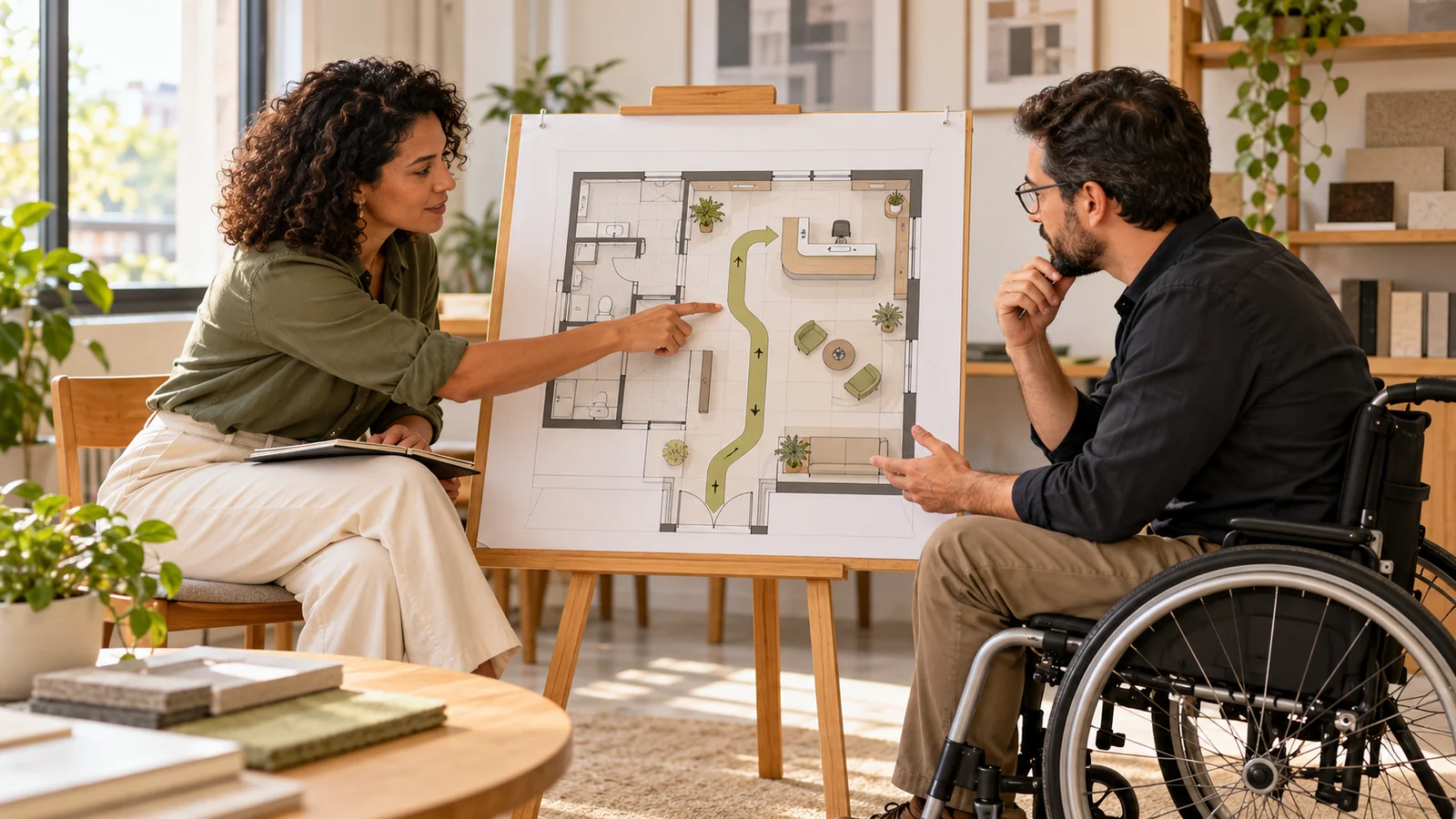 Two professionals discussing a route on a plant, with one of the participants using a wheelchair