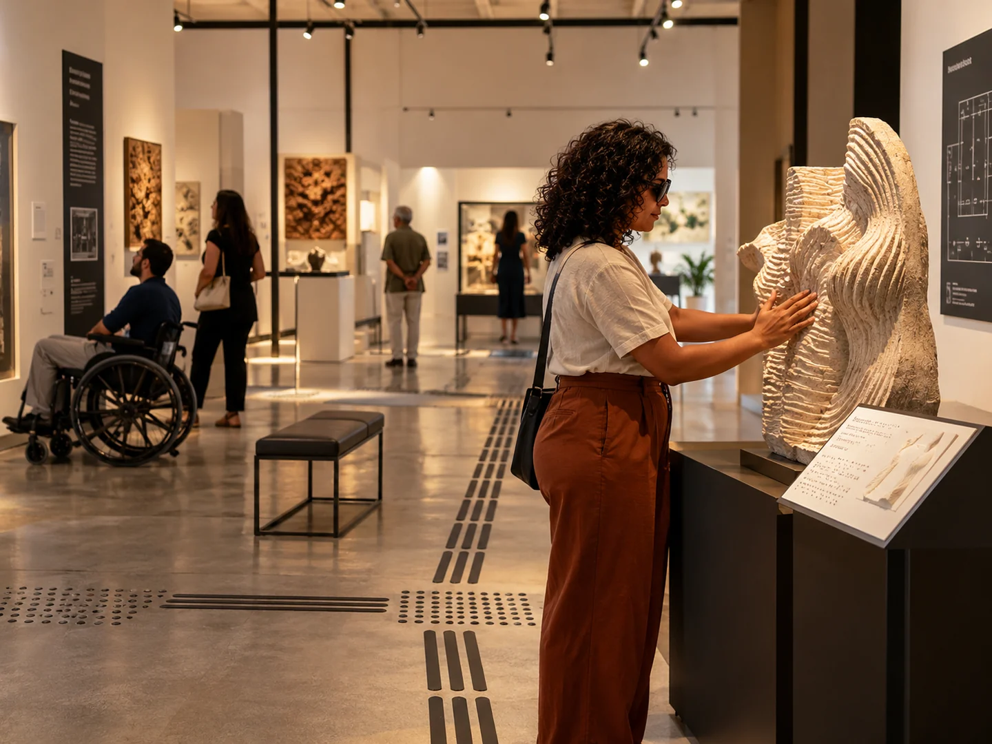 Visitante tocando uma escultura em museu, com sinalização tátil e outras pessoas ao fundo