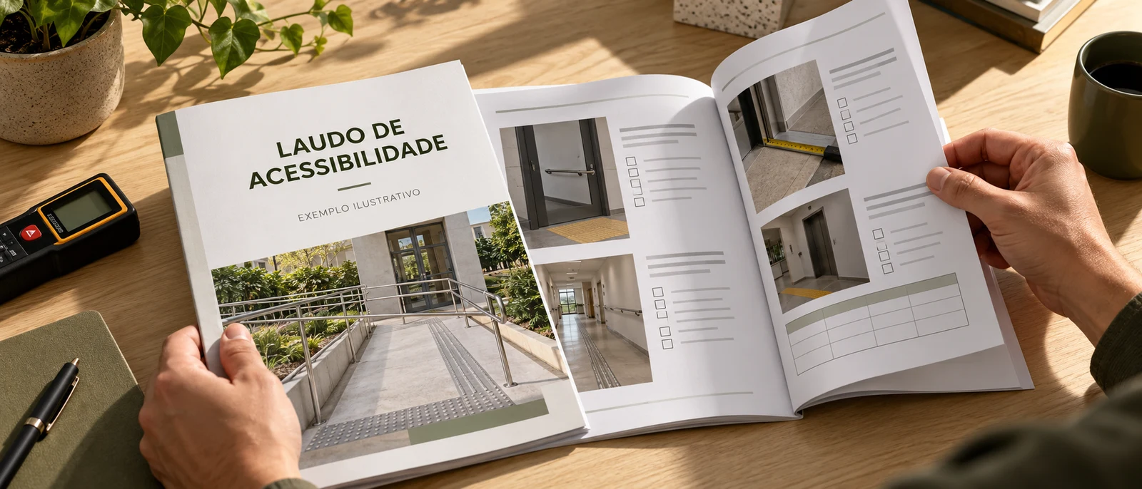 Relatório ilustrativo com o título Laudo de acessibilidade, fotografias de vistoria e registros de avaliação