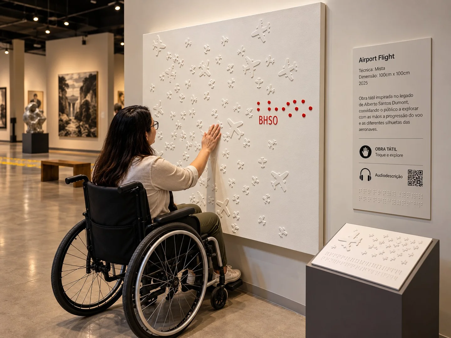 Visitante em cadeira de rodas explorando uma obra tátil em exposição de arte