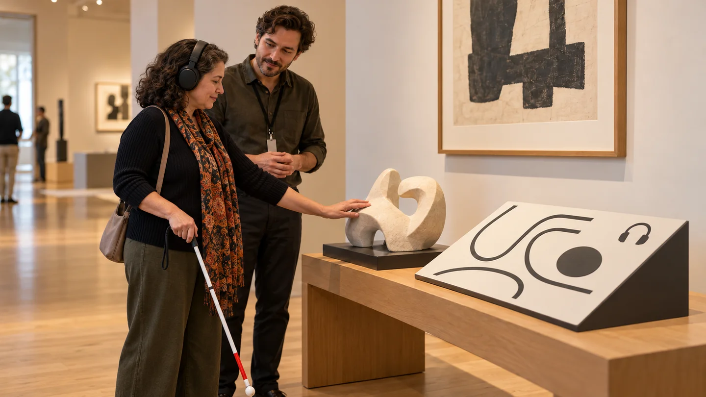 Visitante ciego explorando una réplica táctil, con bastón y auriculares, acompañado de un profesional en una galería ilustrativa