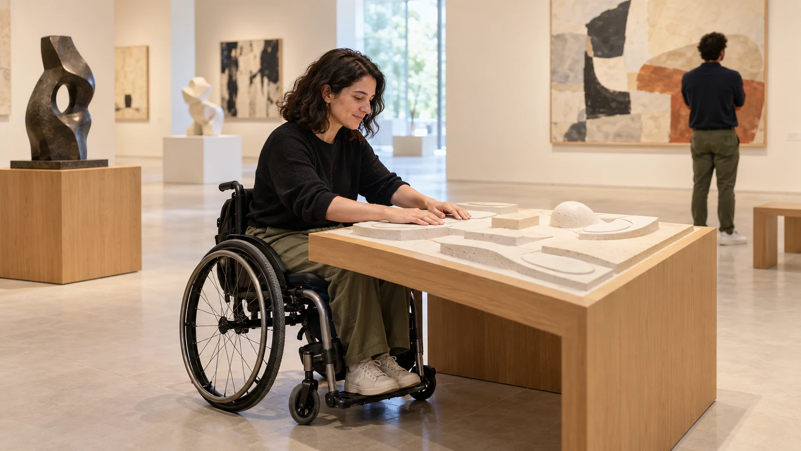 Visitante en silla de ruedas explorando una reproducción táctil en una galería ilustrativa del museo