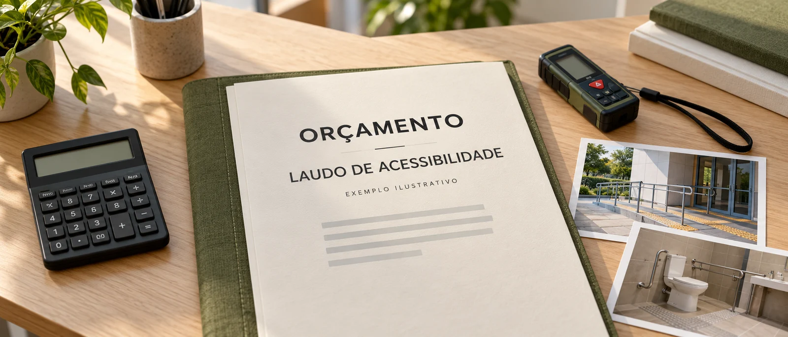 Pasta ilustrativa de orçamento de laudo de acessibilidade acompanhada de calculadora e registros de vistoria