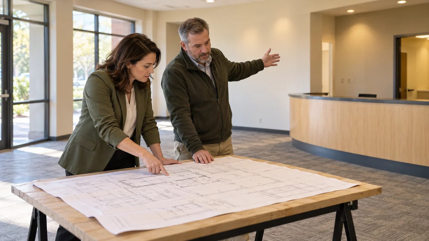 Architect and manager comparing a plan on the table with the environments of an existing reception