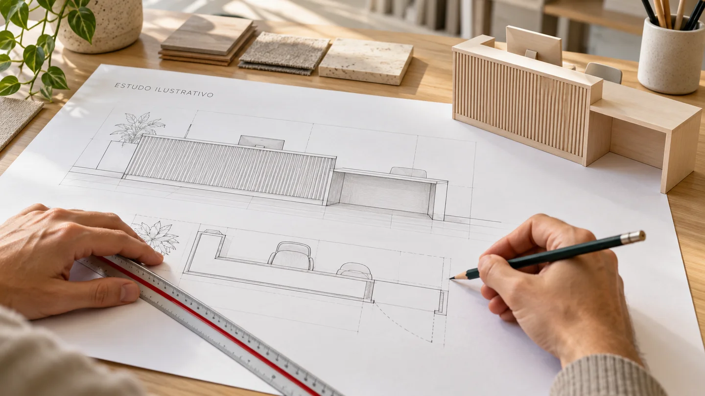 Estudo ilustrativo de um balcão com trecho mais baixo, representado em desenho e maquete de trabalho