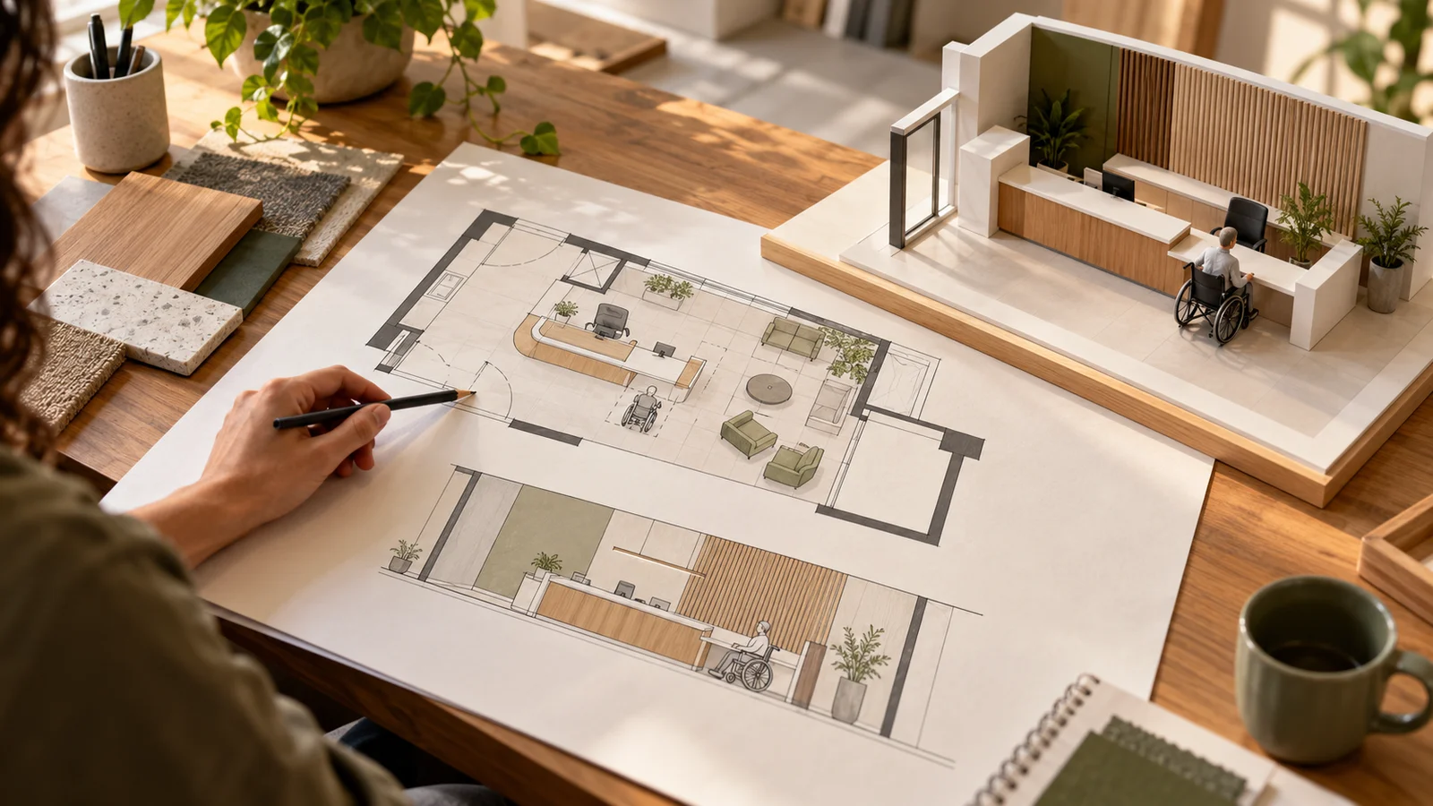 Plan, drawing of a reception and model with person in a wheelchair next to a lowered section of the counter